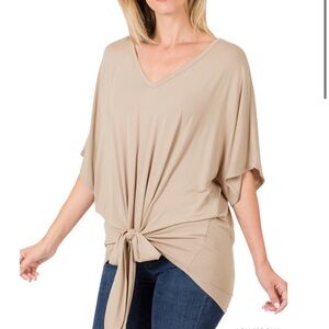 LUXE RAYON V-NECK TIE FRONT TOP Ash Mocha
